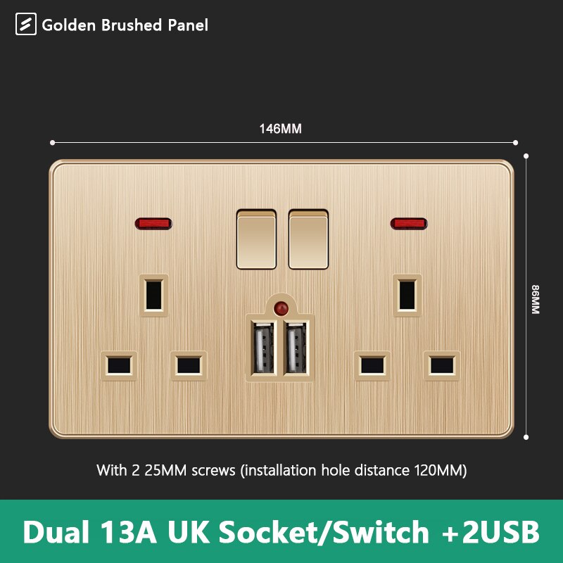 Avoir UK Standard 13A Wall Socket Black White Gray Plastic Embedded Panel Usb Socket With Switch 110-250V Two Britain Outlet: 2UK2U2GL-LSG