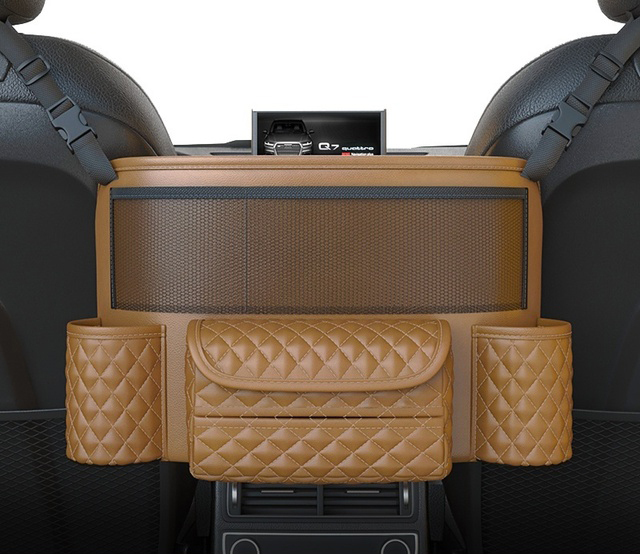 Leather Car Seat Middle Hanger Storage Bag Luxury Auto Handbag Holder Between Seats Tissue Water Cup Pockets Stowing Tidying: Brown