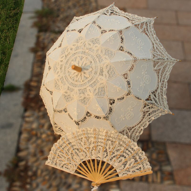 Handgemachte Braut Battenburg Spitze Sonnenschirm und Fan einstellen Hochzeit Braut Regenschirm: A0101 Beige
