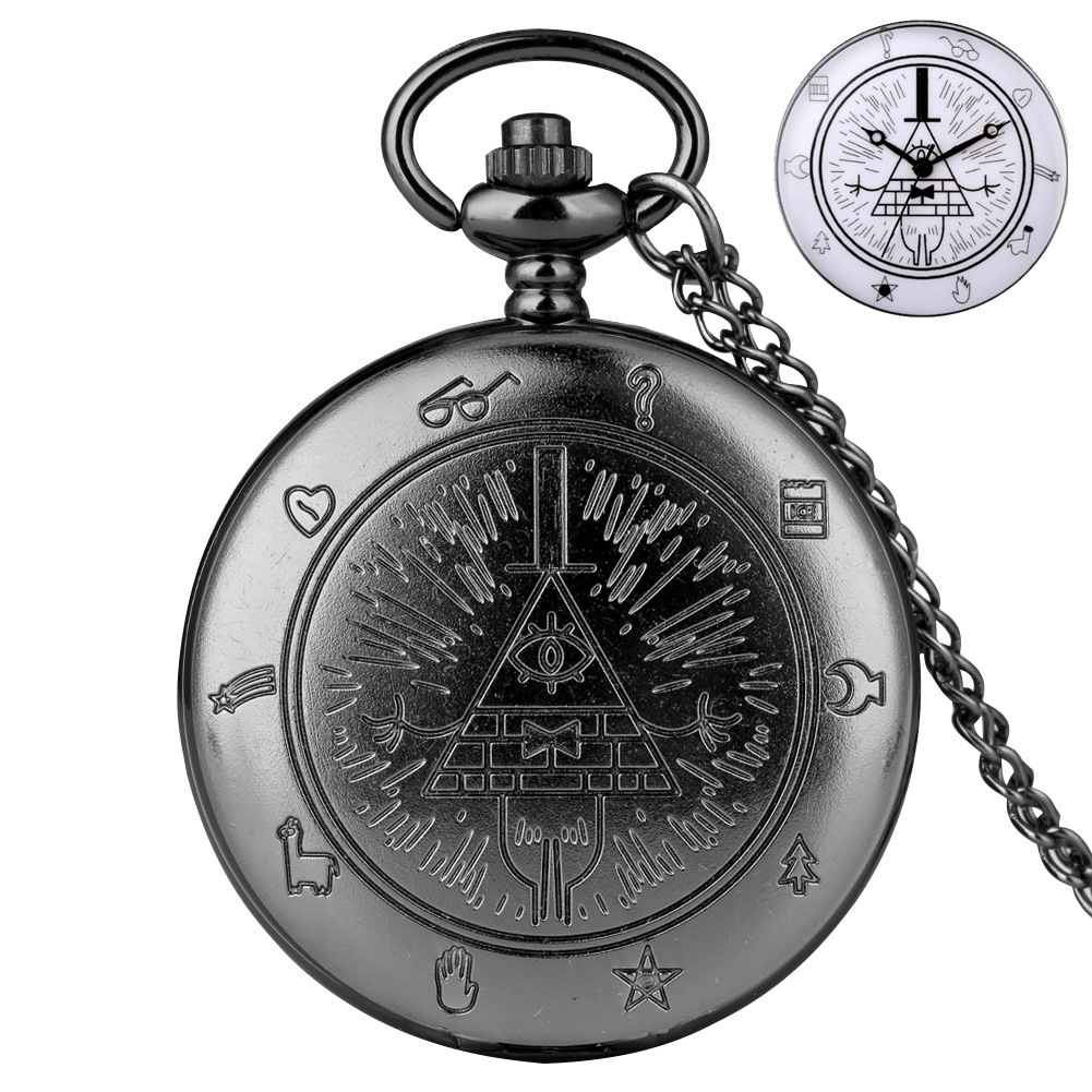Retro Bronze Necklace Jewelry Chain Clock Quartz Analog Steampunk Bill Cipher Gravity Falls Pocket Watch For Men: black