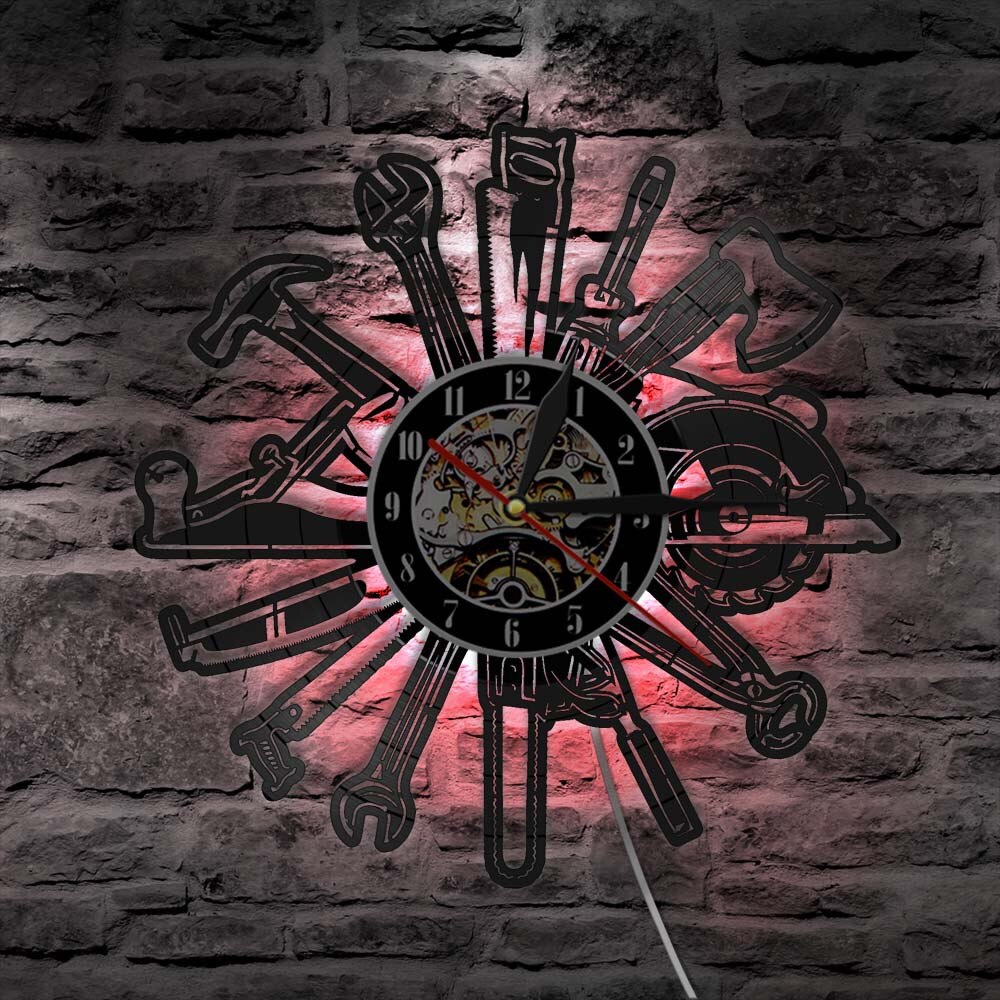 Mechaniker Service Auto Zauberstab Kunst LED Uhr Reparatur Werkzeug Schallplatte Wanduhr Papa der Garage Jahrgang Dekorative Werker