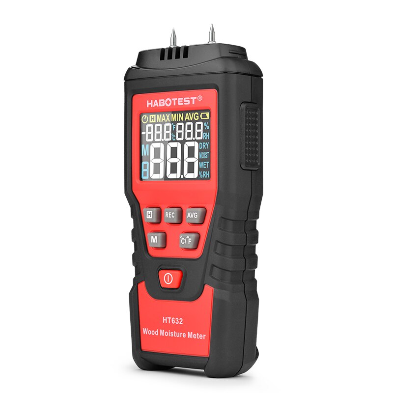 Digital træfugtmåler  ht632 lcd display to stifter træ fugtdetektor hygrometer temperatur papir beton måling