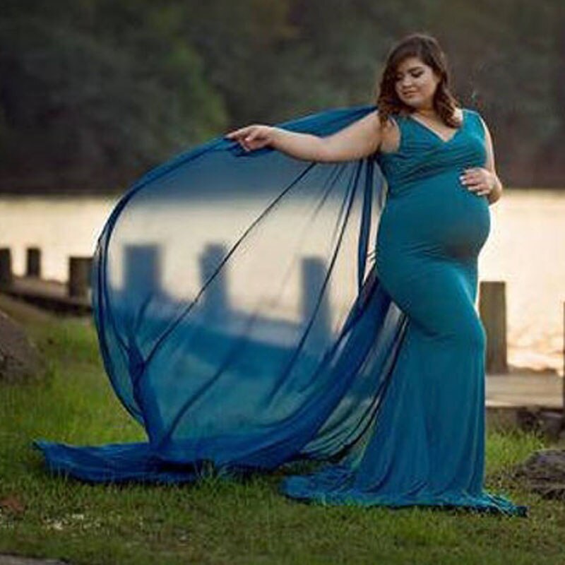 Chiffon sjal kjole barsel fotografering rekvisitter v-hals graviditet kjole fotografering barsel kjoler til fotografering maxi klæde: Blå / L