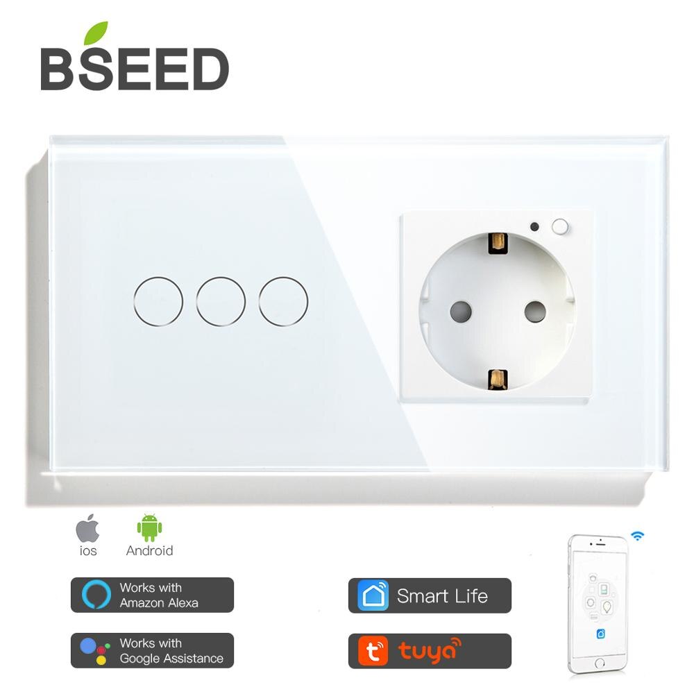 BSEED 3 Gang Smart Touch Light Switch With EU Wall Socket White Black Gold Wall Sensor Switch Crystal Glass Panel Work With Tuya: White