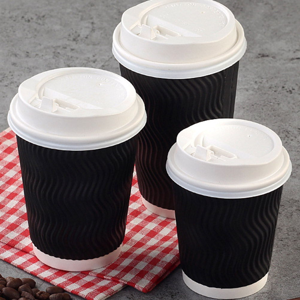 50 stuks Wegwerp Koffie Kopjes Isolatie Takeaway Schroefdraad Papier Cup met Deksel (8 oz, Witte Deksel, zwart Cup)