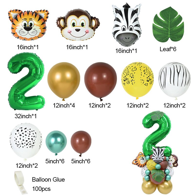 Conjunto de globos con número de animales de Safari para niños, decoración para de cumpleaños de 1 a 9 años, suministros para Baby Shower, 35 piezas: Number2 Set