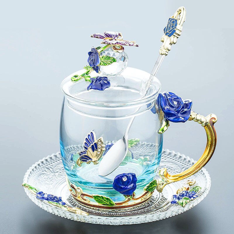 Enamel Water Cup Glass Cup Household Set Flower Tea Crystal Coffee Mug Beer Mug with Handle Wedding Tableware: M