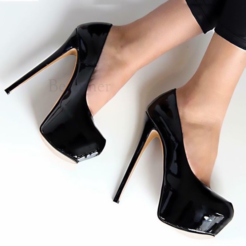 Berzimer sorte platform hæle skinnende patentkjole praty sko stilet højhælede pumps zapatos sko stor størrelse 50 51 52