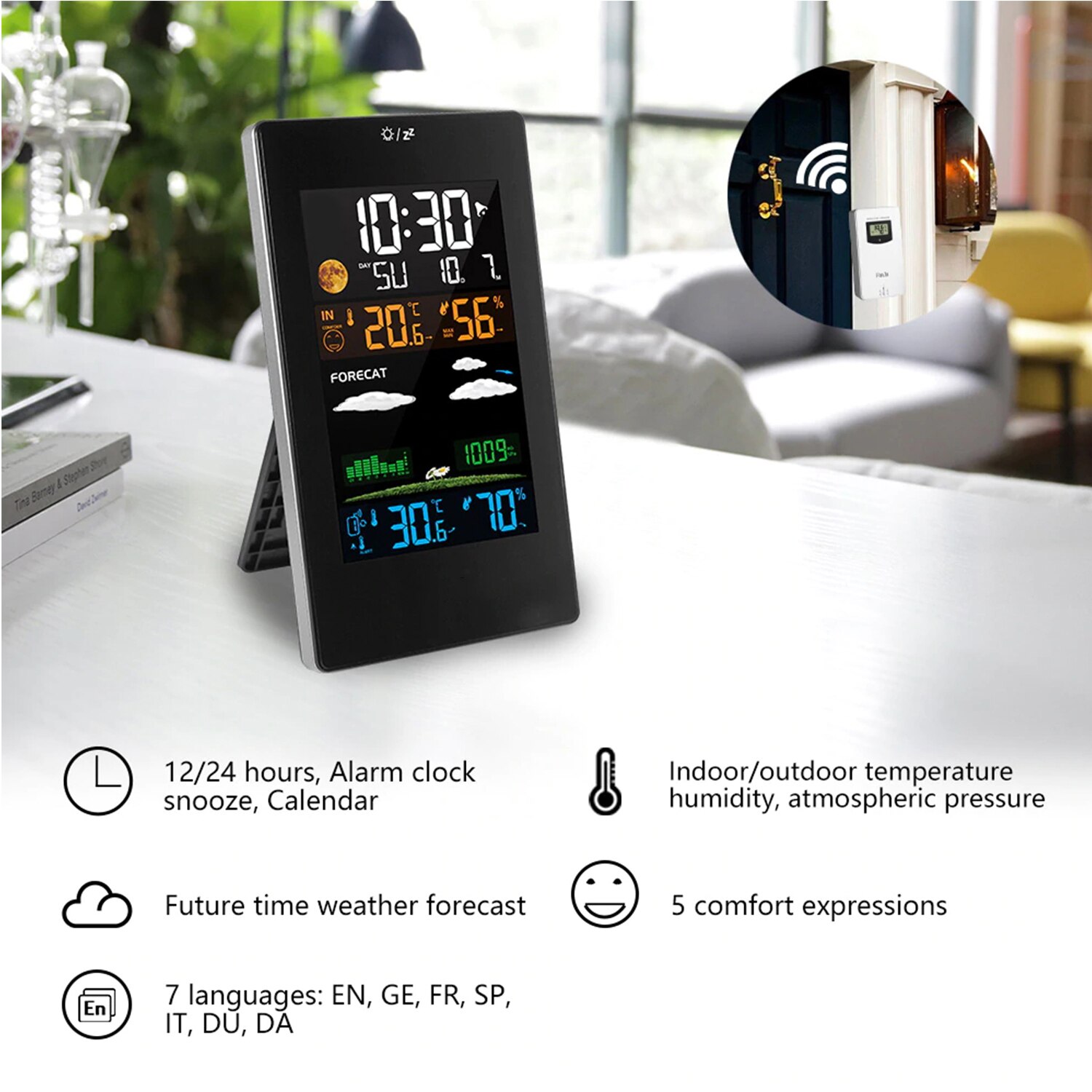 Wireless Weather Station Indoor Outdoor Sensor Weather Forecast Digital Thermometer Hygrometer Temperature Monitor Alarm Clock