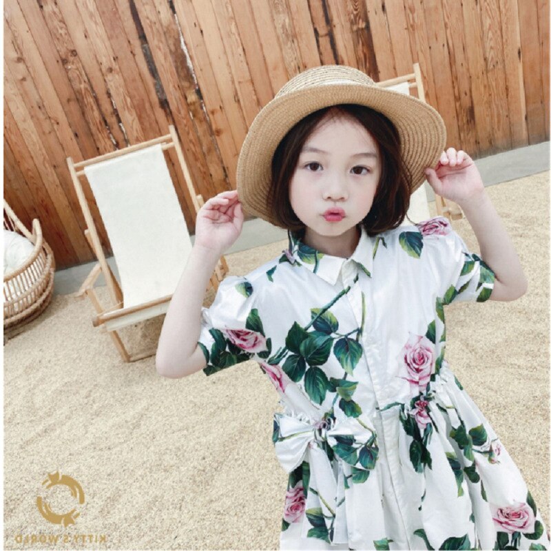 Di modo di Nuovo Vestito Da Estate Della Ragazza Fata Rosa Fiori Principessa Abiti di Compleanno Del Bambino Del Bambino Abiti Vestiti 2-8age
