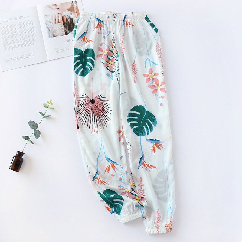 Mallas de dormir para mujer, pantalones de pijama a prueba de mosquitos, holgados, con estampado de viscosa, cintura elástica, satén: white turtle leaf