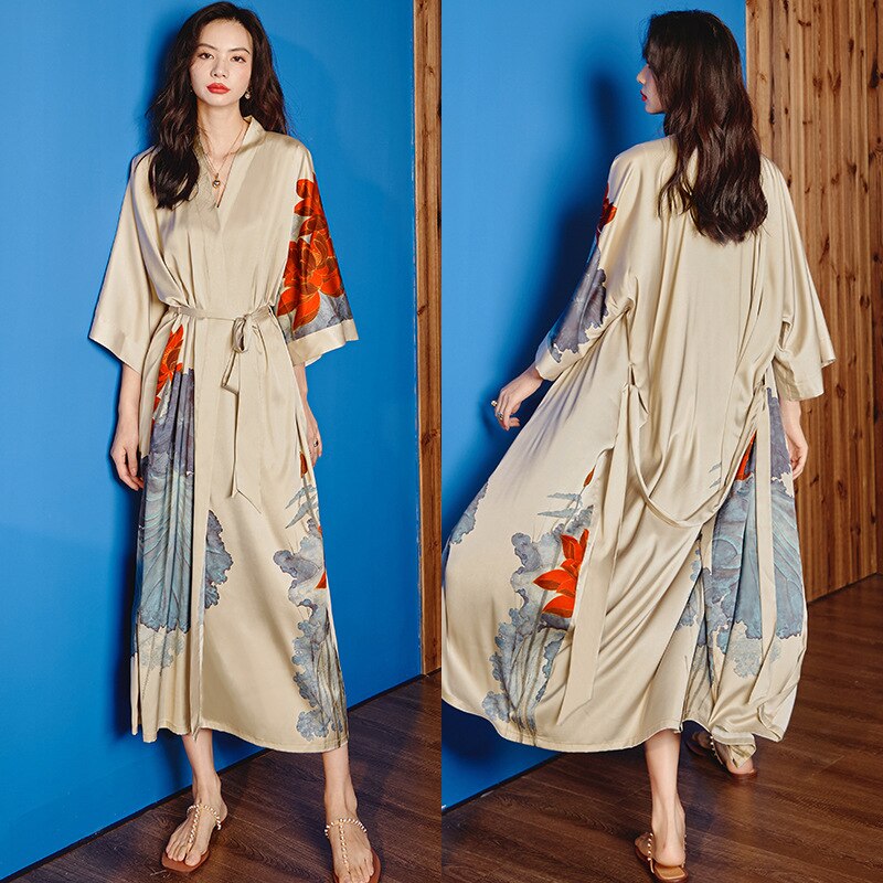 Albornoz tipo kimono largo con estampado de flores para mujer, bata de boda Sexy de media manga, camisón de rayón para primavera y verano, vestido para casa, ropa de dormir