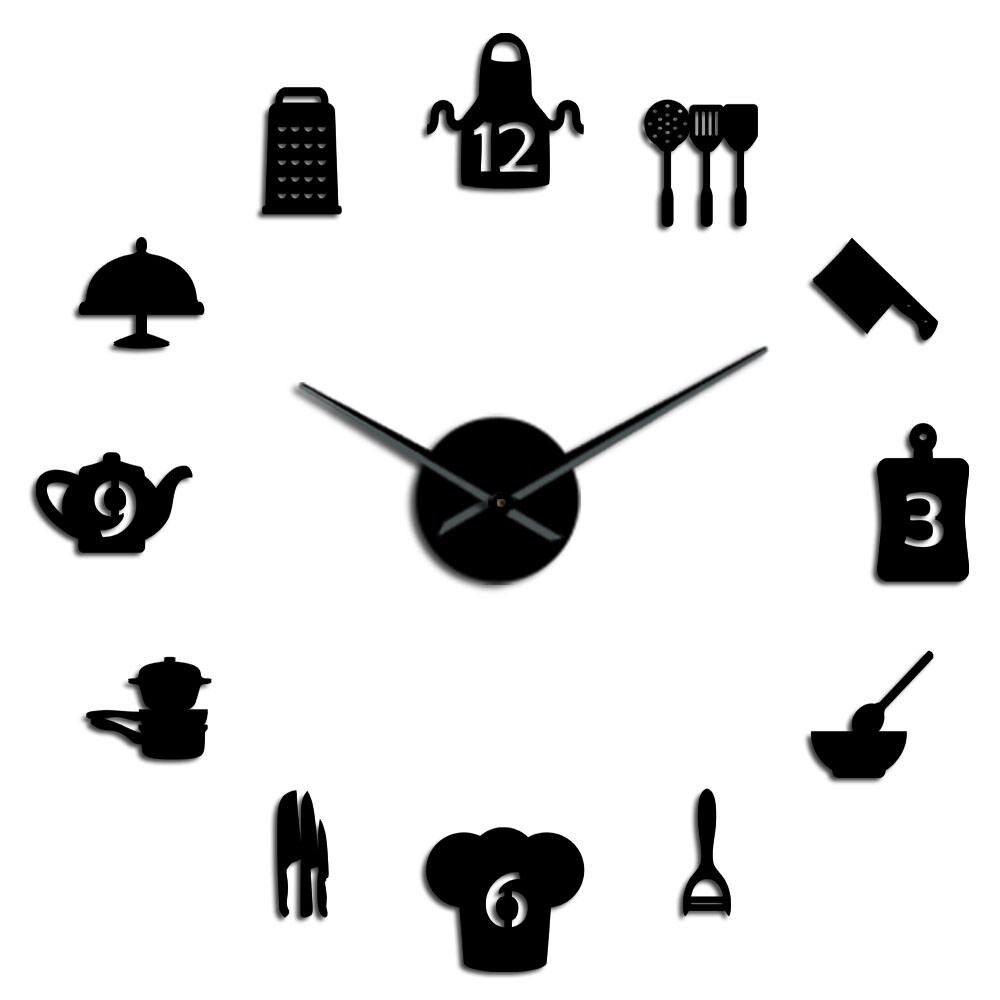 Küche Kochen Werkzeuge DIY Riesen Wanduhr Rahmenlose Große Uhren Große Küche Zauberstab Aufkleber Horologe Dekorative Für Zu Hause: Schwarz / 37Zoll