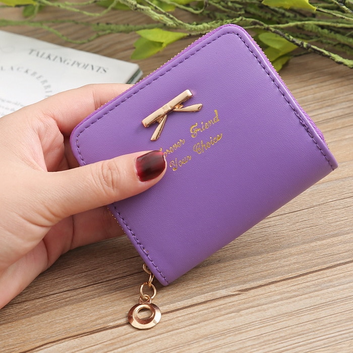 Cartera informal de con lazo y cremallera para mujer, funda para tarjetas de crédito y documentos de identidad XB228: Purple