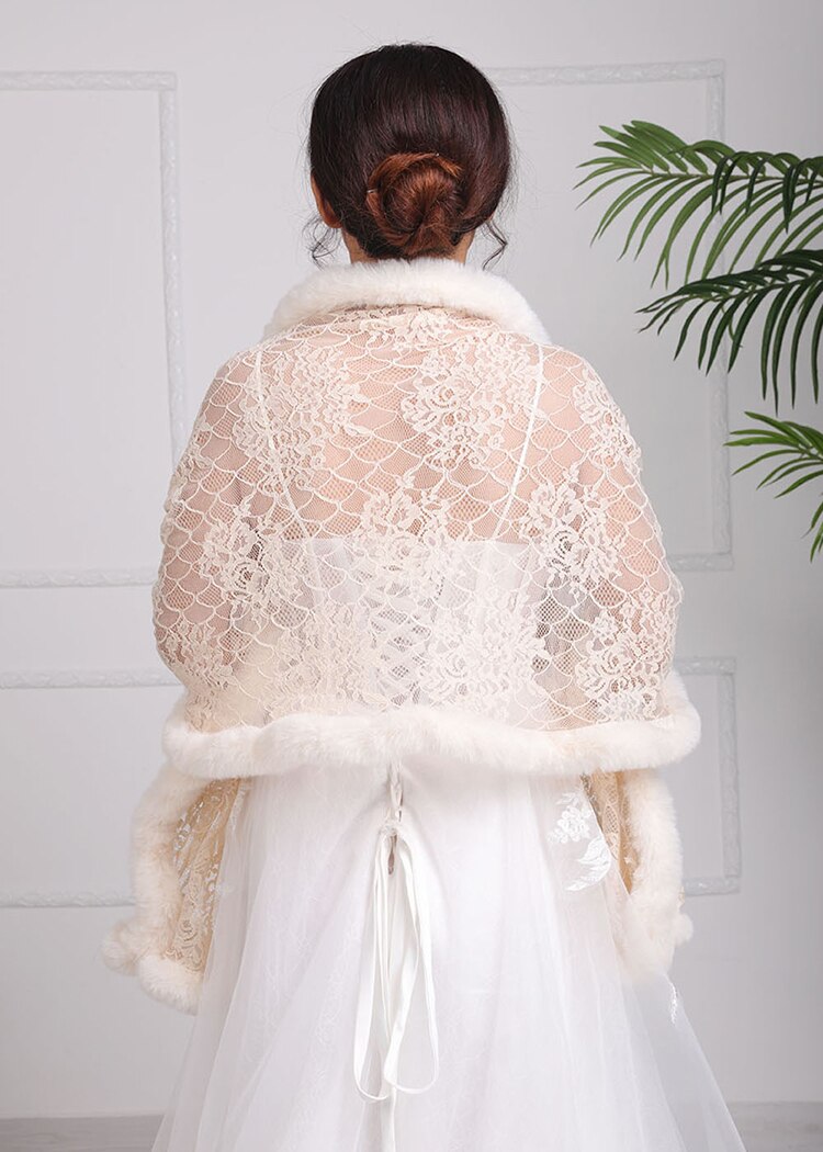 Women bolero Trendy Soft Rice white Shawls Lace Cloak Faux Fur Short plush outwear shrugs for ladies Wedding Bridal cape dress