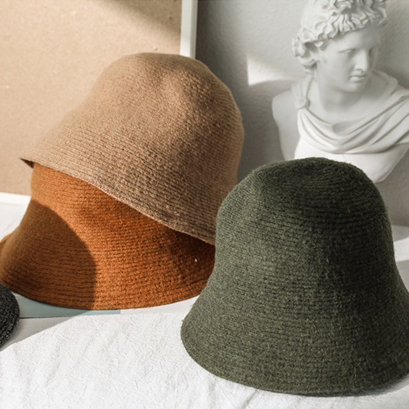 MAXSITI U sombrero de lana de colores sólidos, sombrero con forma de cubo para mujer, sombrero de pescador para otoño e invierno, gorro de lana tejido Vintage, gorro de lavabo, sombrero de pescador
