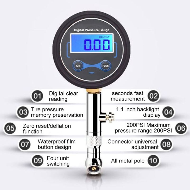 0-200PSI Lcd Digitale Bandenspanningsmeter Auto Bandenspanning Voor Motorfiets Auto Vrachtwagen Fiets Motor Voertuig Tester