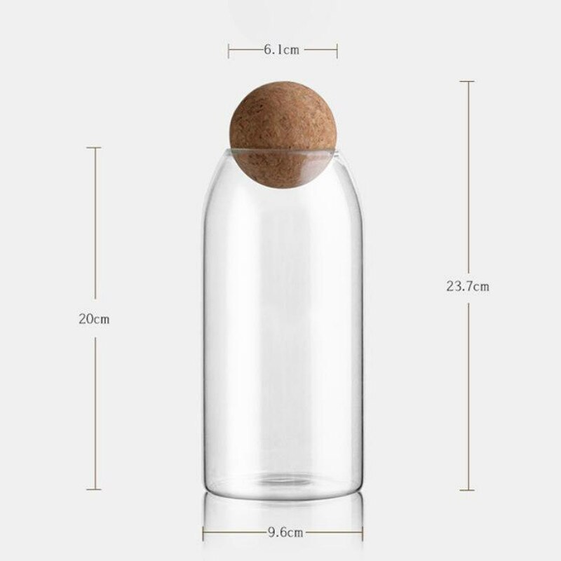 Bouteille ronde en verre de liège sans plomb, bocal scellé, stockage de noix, pot de grains de café rond transparent