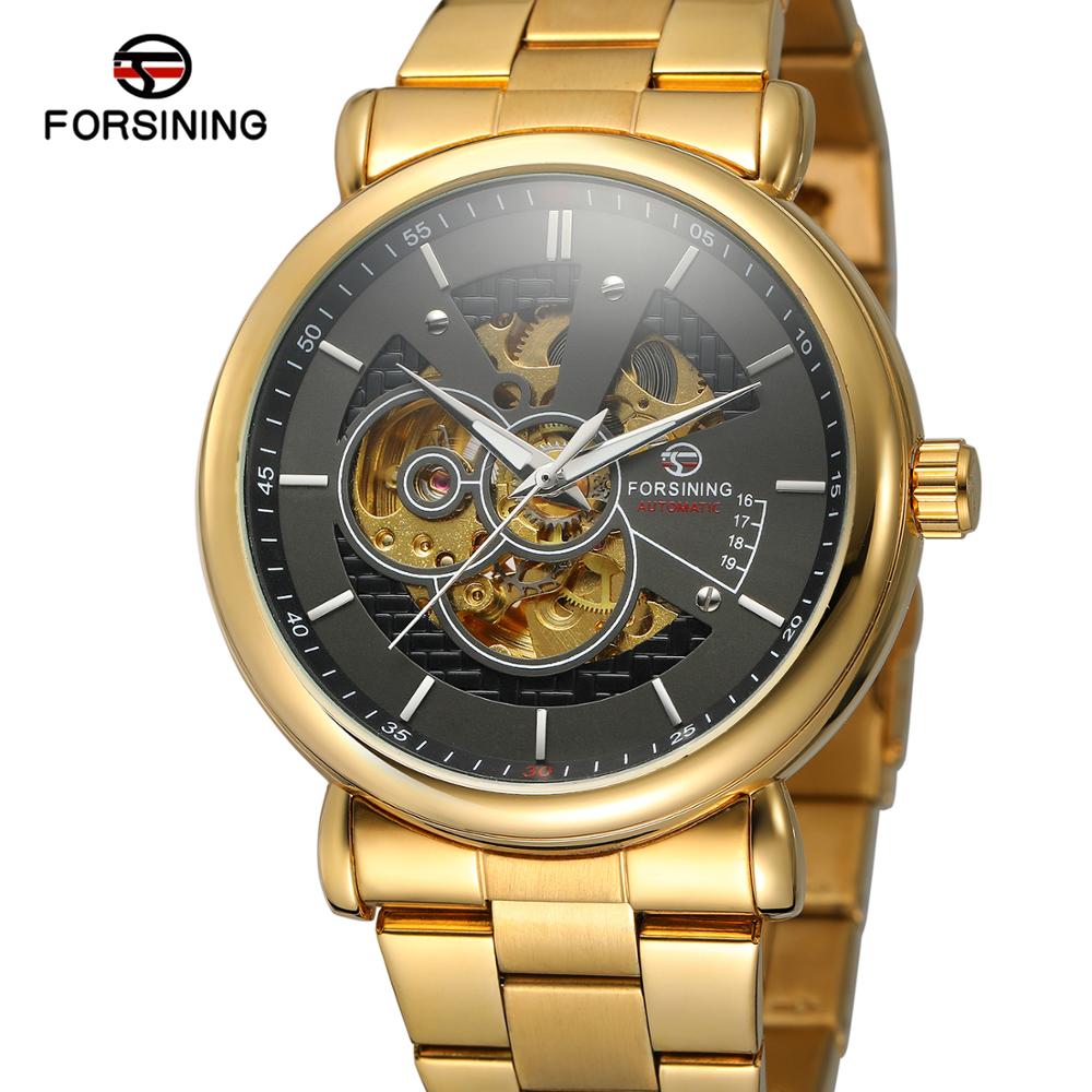 FORSINING Luxe Automatische Mechanische Horloge Goud Stalen Zakelijke Horloges Originele Mannen Horloge Top Klok Mannen Relojes Masculino: GOLD BLACK