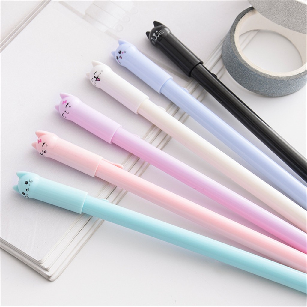 6 farver søde kawaii sort blæk kat gel pen tegneserie plast gel penne til at skrive kontor skoleartikler papirvarer 1212