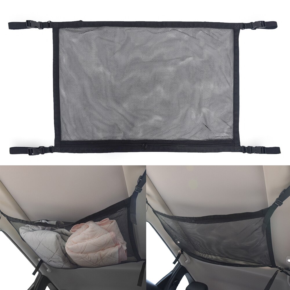 Bil tak lagring mesh med glidelås snor universell bagasjerom last organisator oppbevaringspose, bil tak interiør last nett bag: Svart med glidelås