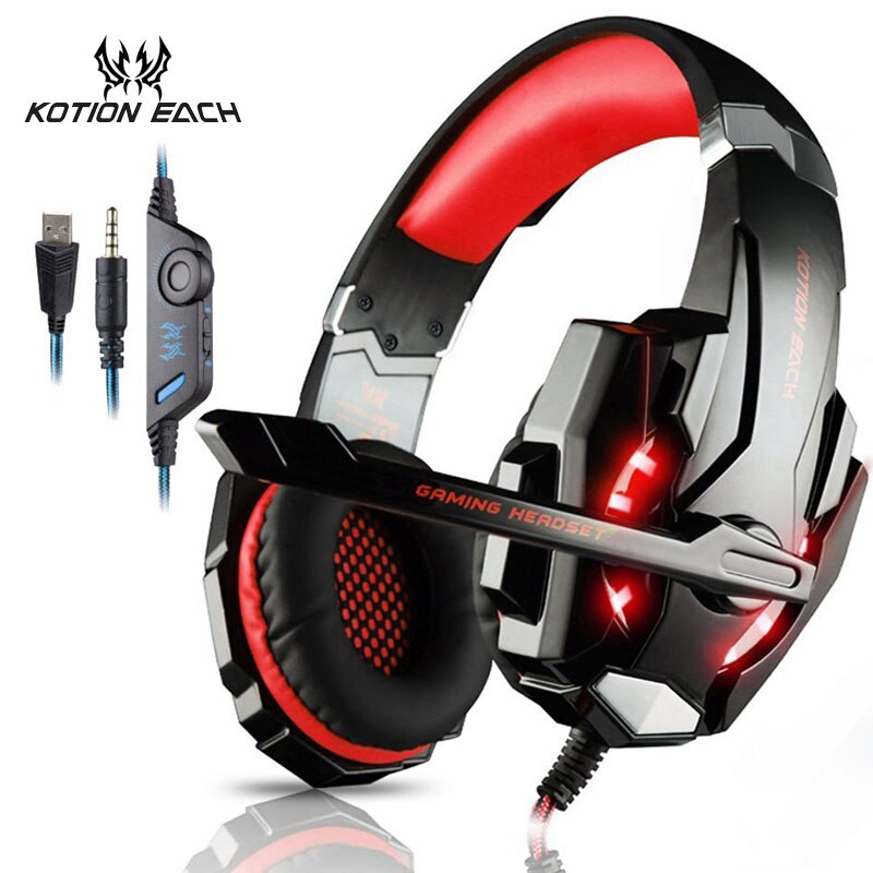 KOTION chaque Casque de jeu Casque basse profonde stéréo jeu Casque avec Microphone lumière LED pour PS4 ordinateur portable PC Gamer: G9000 Red