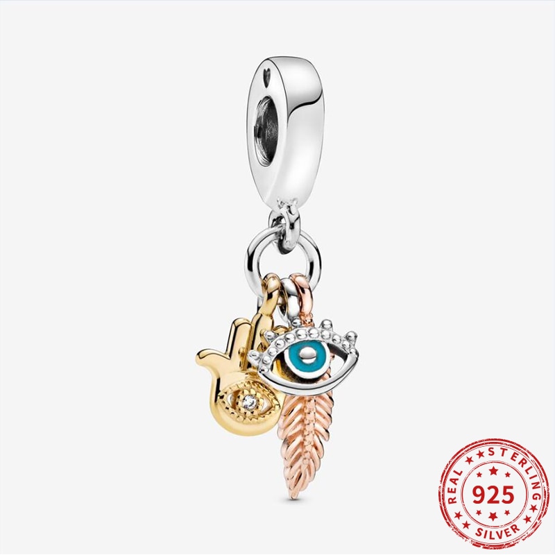 Veri ciondoli in argento Sterling 925 Hamsa Eye Feather vitalità ciondola il fascino misura originale Pan Bead bracciali collana gioielli fai da te