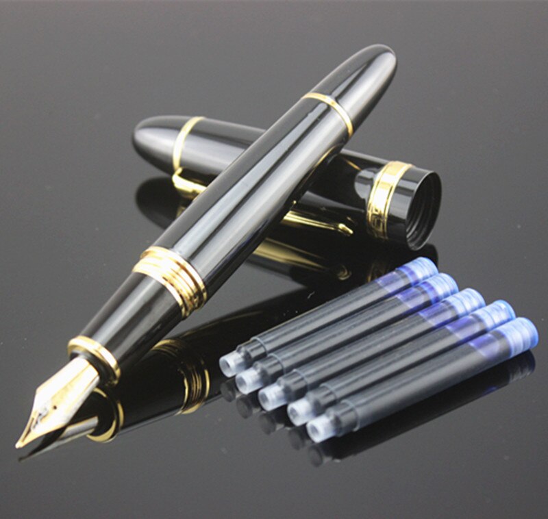JINHAO 159 0.7 mm Nib Metal Fountain Pen Black Lacquer Gold Trim Big Heavy signature Business office ink black Refill: R / Bent Nib 1.0MM