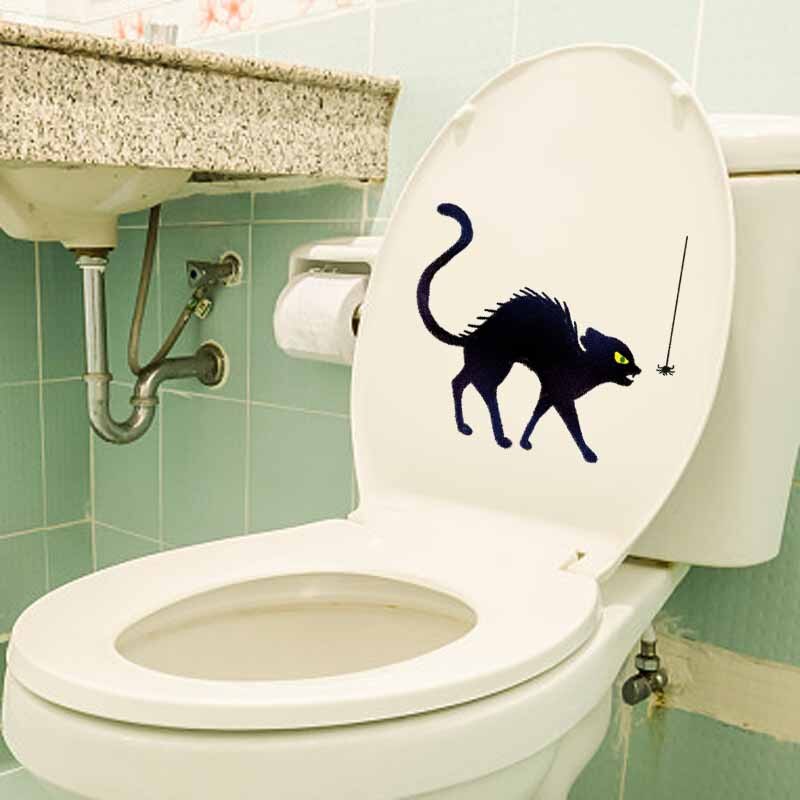 YOJA 23.4X20.8CM Cartoon Pattern Home Decor Halloween Black Cat Spider Wall Decal Toilet Seat Sticker T5-1192