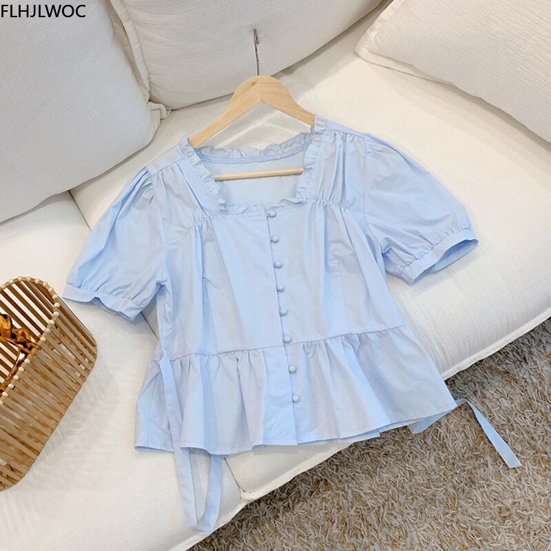 Short Chic Tops Summer Puff Sleeve Slim Waist Peplum Lace-Up Bow Tie Ruffled Shirt Blouse Women Top Korean Japan Flhjlwoc Cute