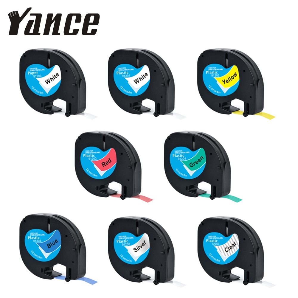 Yance 91201 compatível para dymo letratag fita plástica 12mm * 4m preto no branco lt 91331 91330 18769 18771 para LT-100T etiqueta fabricante