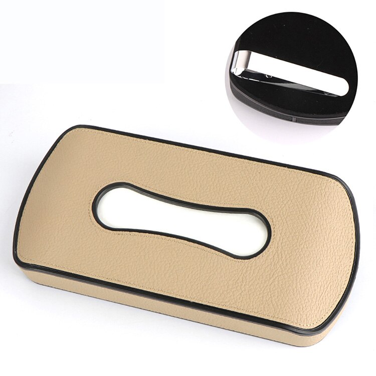 Caja de pañuelos de cuero PU para coche, soporte para visera solar, reposabrazos, colgante, tipo bloque, almacenamiento de servilletas de asiento, color negro y Beige, 1 unidad: Beige-Clip Type
