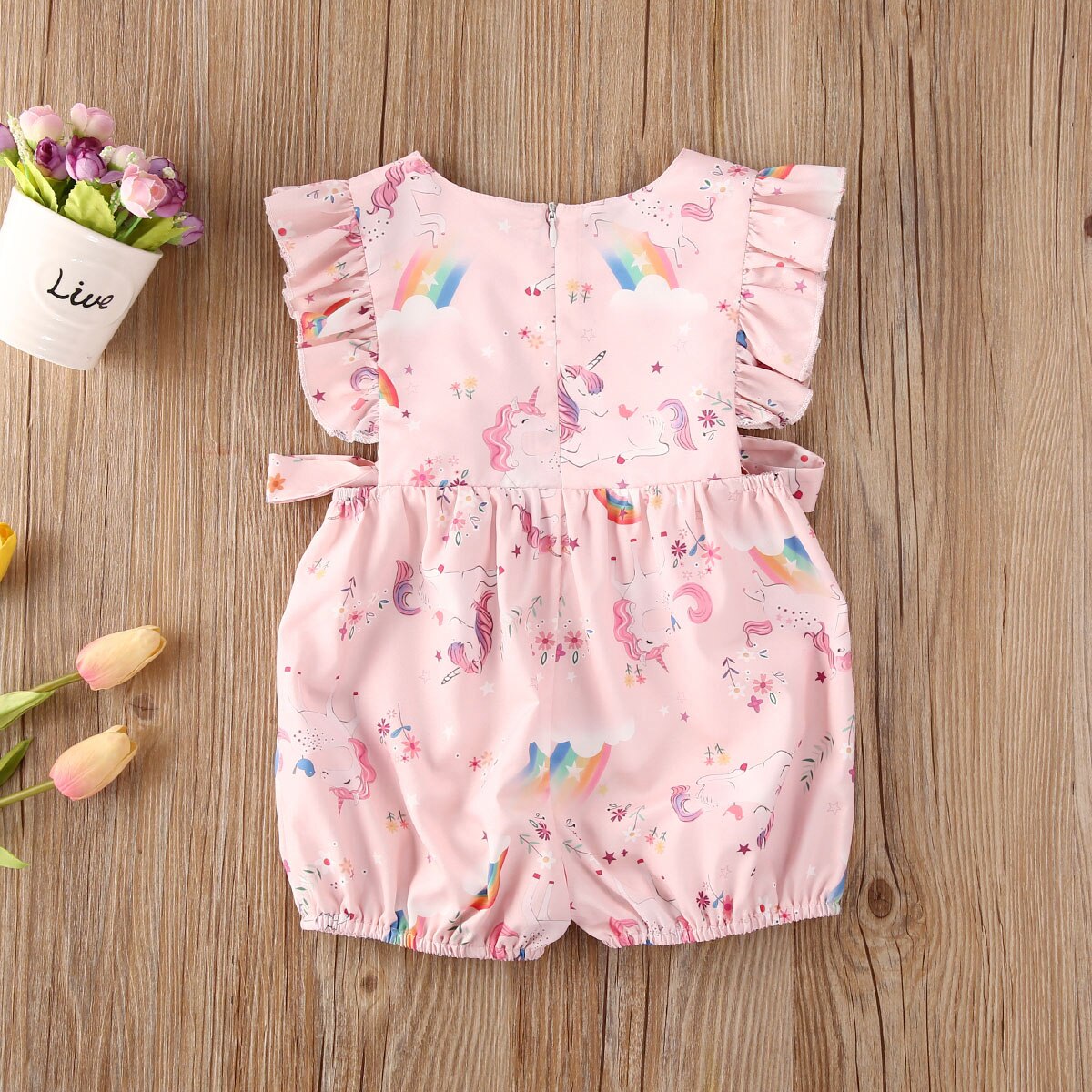 Sommer SchöNe Kleinkind Baby Mädchen Jungen Strampler Karikatur drucken Rüschen Kurzarm Rosa Overall