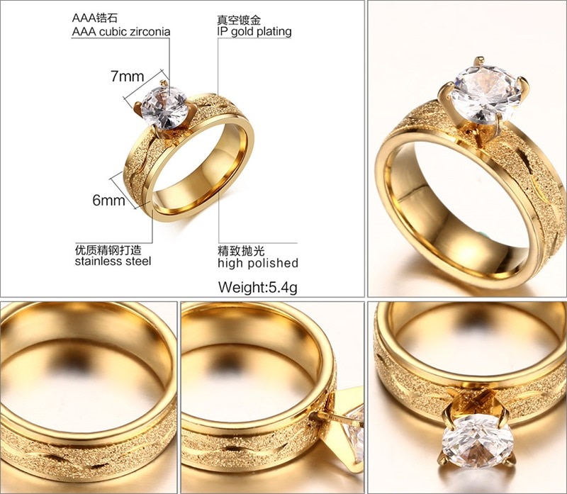 bague de fiançailles pour les femmes mat polonais acier inoxydable bague de mariage broche réglage femelle cubique zircone bijoux