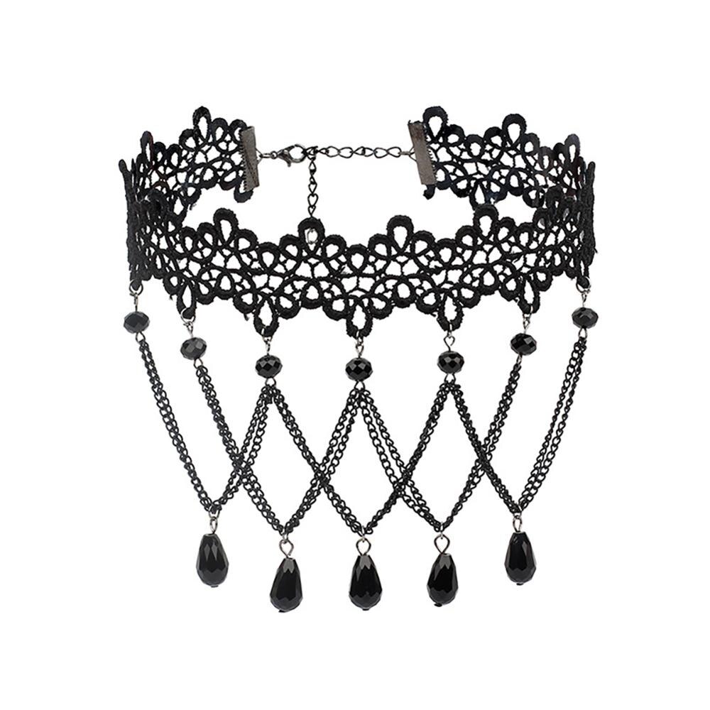 Gothic Lolita Black Lace Korte Keten Choker Sexy Kwasten Ketting Hollow Out Big Rose Flower Punk Handgemaakte Bruiloft Sieraden