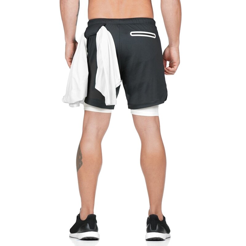 Men's Casual 2 in 1 Running Shorts Quick-Drying Sports Pants Gym Bodybuilding Built-in Pocket Shorts: XL