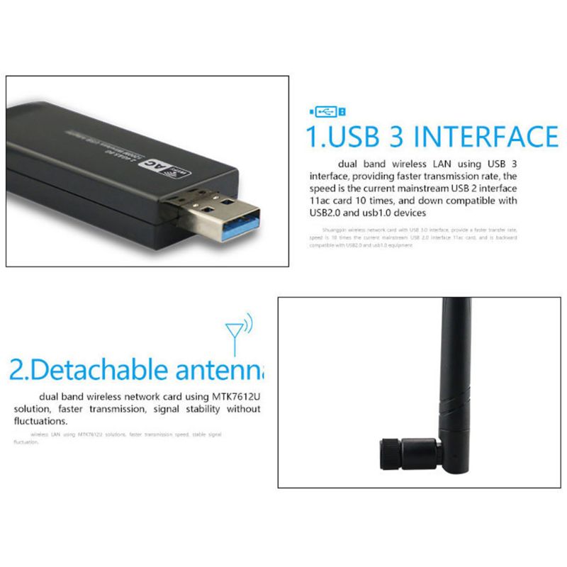 Dual Band 2.4G/5G WiFi USB3.0 Adapter RTL8812AU Chip Wireless AC High Gain Antenna Network Card for Desktop Laptop