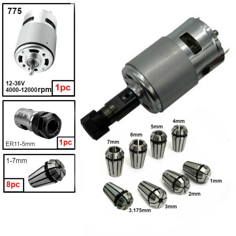 775 DC Motor 12-36V Ball Bearing Spindle Motor with ER11 Extension Rod Carving Knife for CNC Router Machine 1610/ 2417/ 3018: Option 4