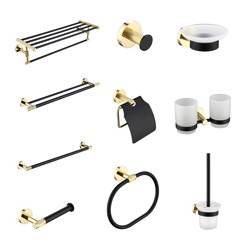 Solid messing håndklæde håndklædeholder hylde væg toiletbørsteholder sæbedispenser knagerækker sort guld badeværelsestilbehør sæt