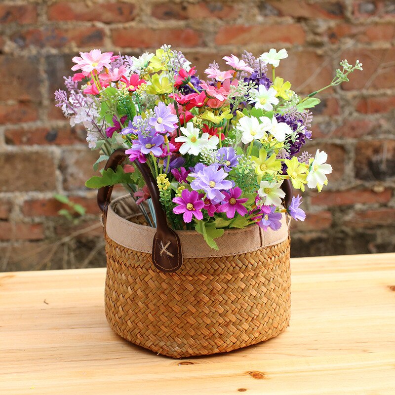 Cesta de mimbre hecha a mano con asa, Mini cesta de almacenamiento, cesta tejida Vintage para algas, maceta, jarrón, contenedor para artículos varios