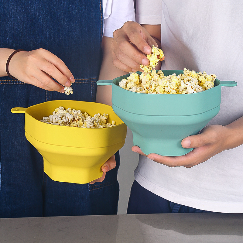 Cuenco de silicona para palomitas de maíz para microondas, cubo plegable para hacer palomitas de maíz con tapa, herramientas de cocina para palomitas de maíz plegables de gran capacidad