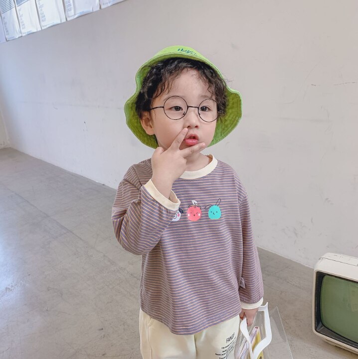 Jungen Karikatur gestreift T Hemden Baby mädchen baumwolle lässig 2 farben alle-spiel lang Ärmel Abschläge kleidung: Grau / 4T