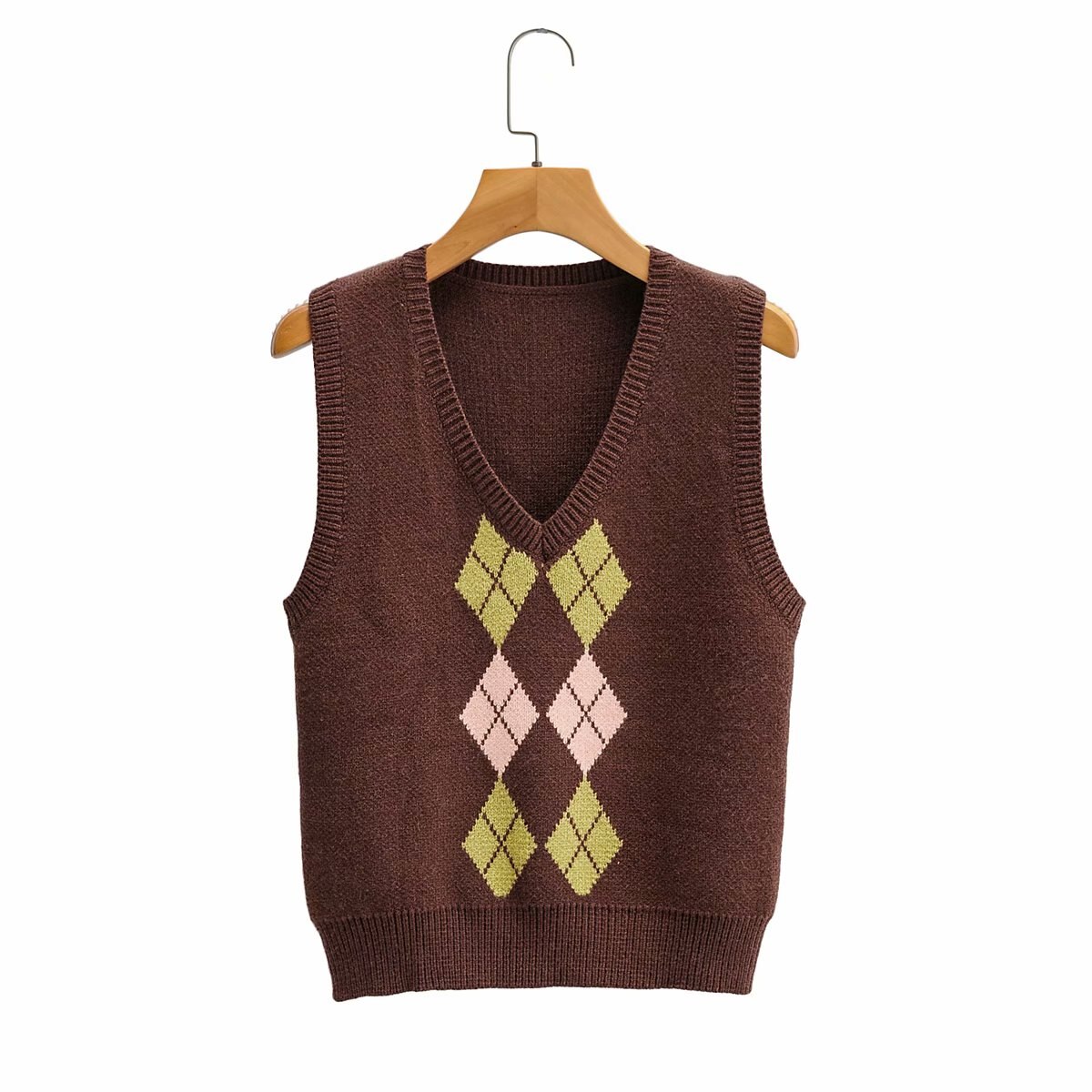Efterårsstrikket tanktop kvinder vintage argyle sweater vest kvinder strik vest top cropped sweater veste plaid koreansk vest v-hals: Brun