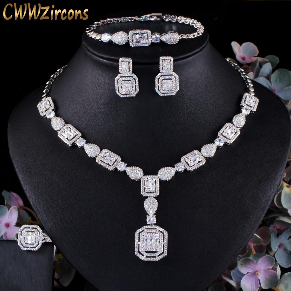 Cwwzircons 4 Pcs Luxe Witte Kubieke Zirkoon Vrouwen Bruiloft Kostuum Sieraden Sets Voor Bruiden Dubai Goud Kleur Party Accessoires T483