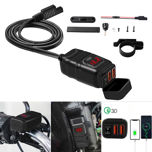 QC3.0 Usb Motorcycle Dual Usb Snellader 12V Voeding Adapter Met Led Voltmeter Op Uit Schakelaar Universele Lading: RED