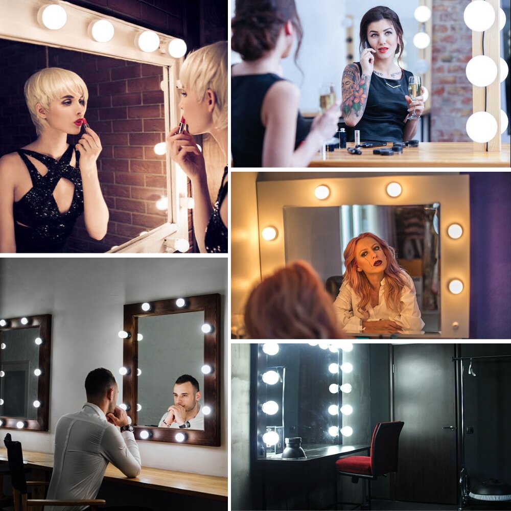 Usb 5v led makeup makeup spejl pære 10 stk hollyhood lys sæt 3 farver dæmpbart toiletbord spejl lys væglampe