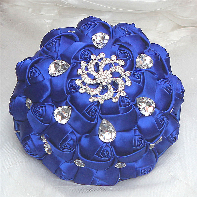 Wifelai-Een Prachtige Bruiloft Bloemen Royal Blue Zijden Lint Rose Bruidsboeketten Holding Bloemen Met Crystal Buque De Noiva w291