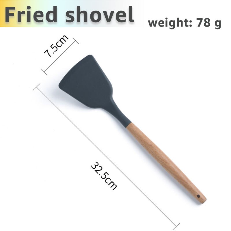 Silicone Cooking Utensils Set Kithcen Non Stick Spatula Shovel Soup Spoon Wooden Handle Heat Resisant 9 Pieces Cooking Tools set: Fried shovel