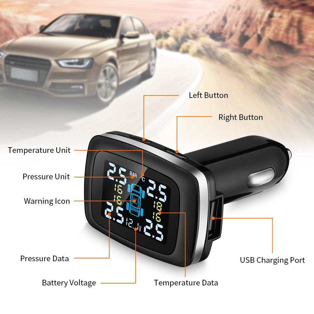 Car TPMS Tire Pressure Monitoring System Sensor USB Port Car Safety Alarm Cigarette Lighter Digital System Tire Pressure System