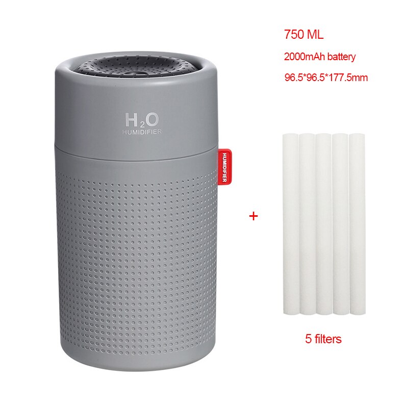 750ML Wireless Air Humidifier Diffuser Protable USB Rechargeable Mini Electric Cool Mist Humidifier With LED Night Light: 750ML G 5filters